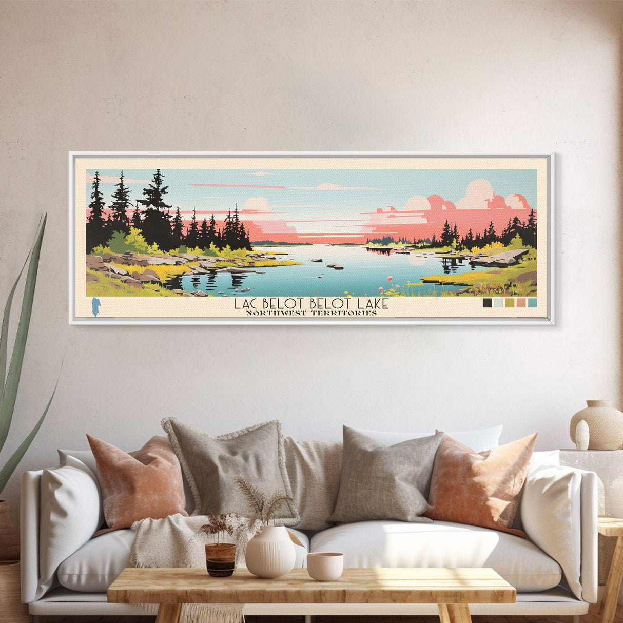 Lac Belot Northwest Territories Framed Canvas Print, Panoramic Wall Art, Midcentury Modern, Pop Art, Lake House Art, Travel Poster, Living Room Decor