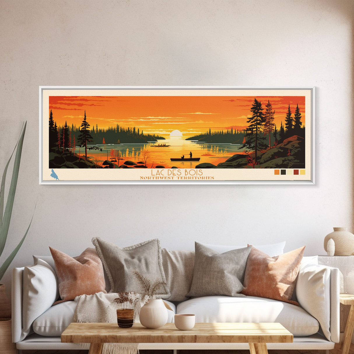 Lac Des Bois Northwest Territories Framed Canvas Print, Panoramic Art, Midcentury Modern, Pop Art, Living Room Wall Art, Travel Poster, Lake House Decor
