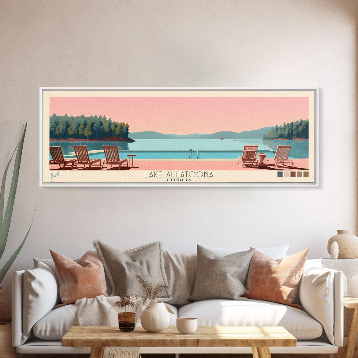 Lake Allatoona Georgia Framed Canvas Print, Panoramic Wall Art, Midcentury Modern, Pop Art, Living Room Decor, Travel Poster, Bedroom Art