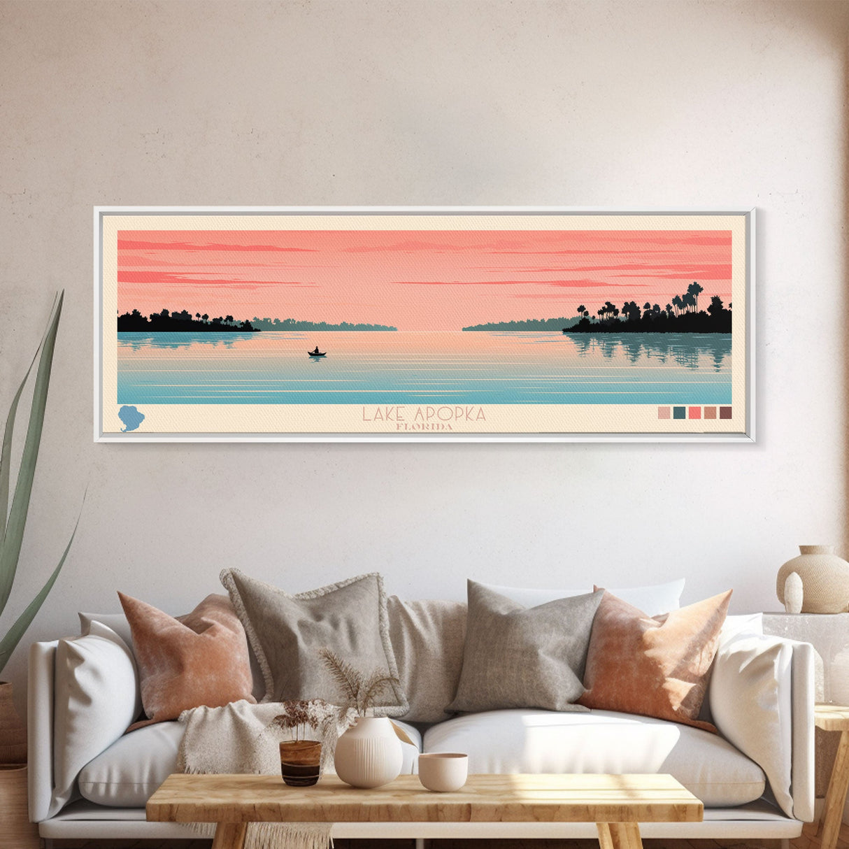 Lake Apopka Florida Framed Canvas Print, Panoramic Art, Midcentury Modern, Pop Art, Living Room Wall Art, Travel Poster, Lake House Decor