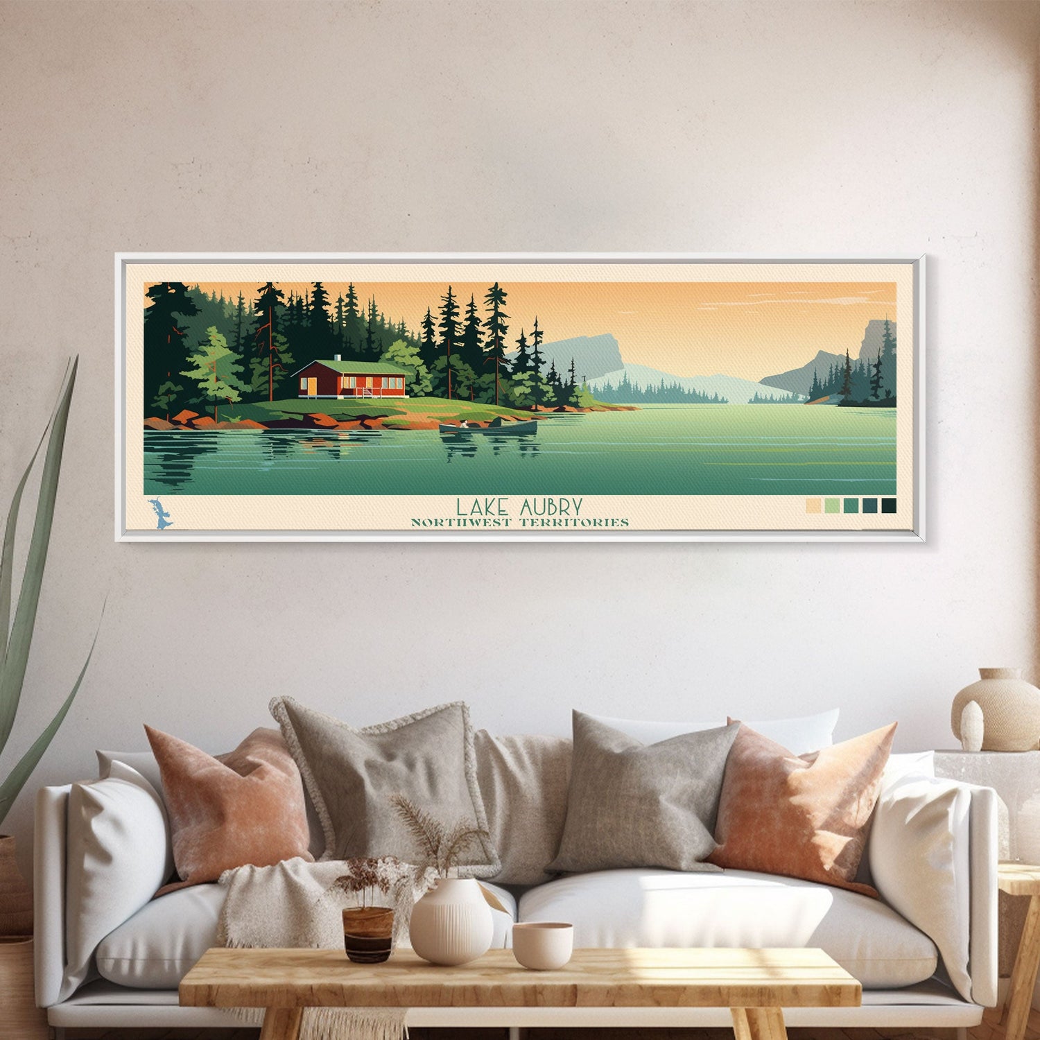 Lake Aubry Northwest Territories Framed Canvas Print, Panoramic Art, Midcentury Modern, Pop Art, Living Room Wall Art, Travel Poster, Lake House Decor