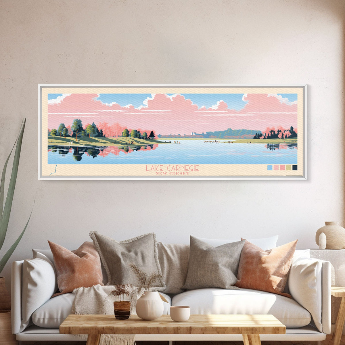 Lake Carnegie New Jersey Framed Canvas Print, Panoramic Wall Art, Midcentury Modern, Pop Art, Bedroom Decor, Travel Poster, Living Room Art