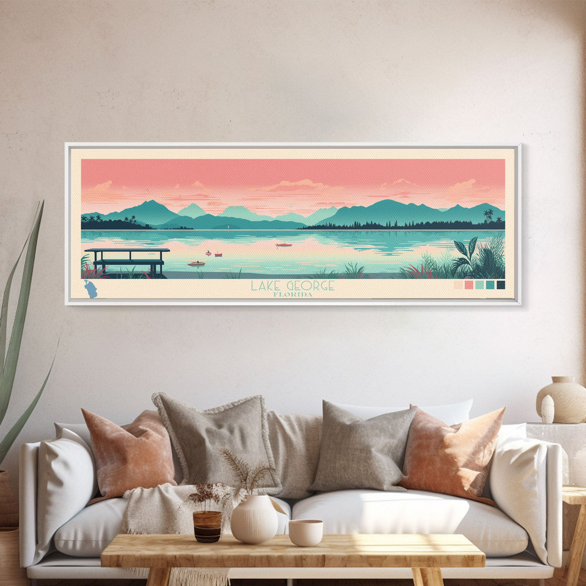 Lake George Florida Framed Canvas Print, Panoramic Wall Art, Midcentury Modern, Pop Art, Bedroom Decor, Travel Poster, Living Room Art
