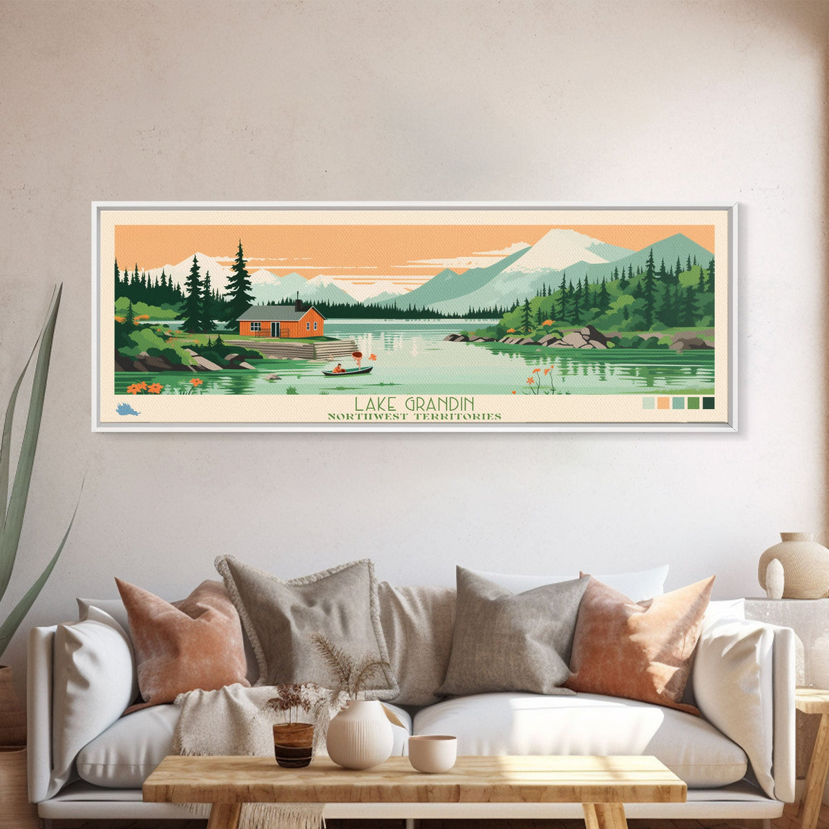 Lake Grandin Northwest Territories Framed Canvas Print, Panoramic Art, Midcentury Modern, Pop Art, Living Room Wall Art, Travel Poster, Lake House Decor