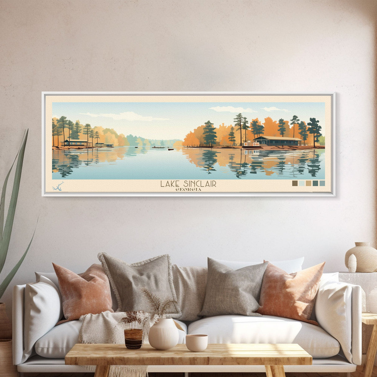 Lake Sinclair Georgia Framed Canvas Print, Panoramic Wall Art, Midcentury Modern, Pop Art, Living Room Decor, Travel Poster, Lake House Art