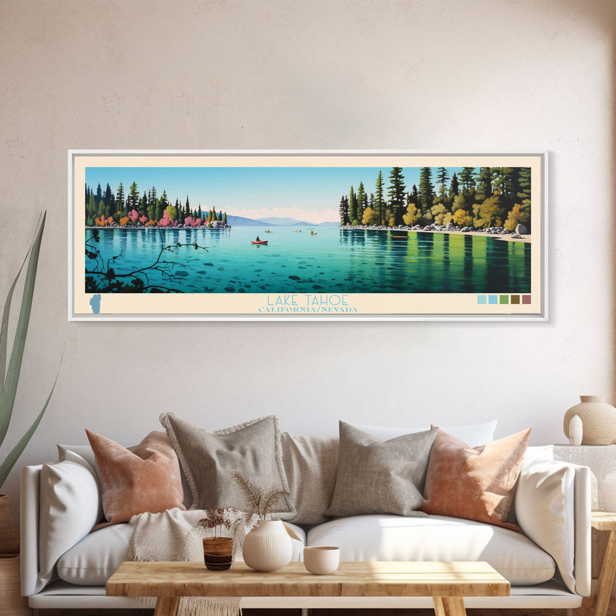 Lake Tahoe CaliforniaNevada Framed Canvas Print, Panoramic Wall Art, Midcentury Modern, Pop Art, Bedroom Art, Travel Poster, Lake House Decor