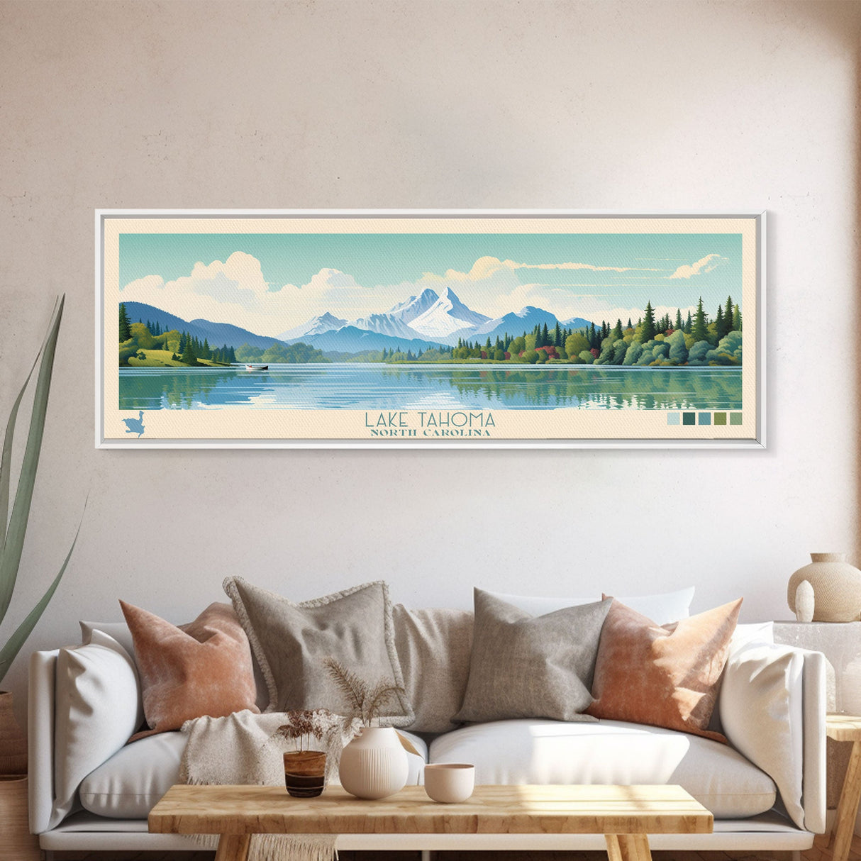 Lake Tahoma North Carolina Framed Canvas Print, Panoramic Wall Art, Midcentury Modern, Pop Art, Living Room Decor, Travel Poster, Lake House Art