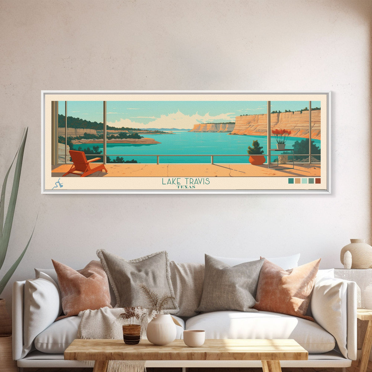 Lake Travis Texas Framed Canvas Print, Panoramic Wall Art, Midcentury Modern, Pop Art, Living Room Decor, Travel Poster, Lake House Art