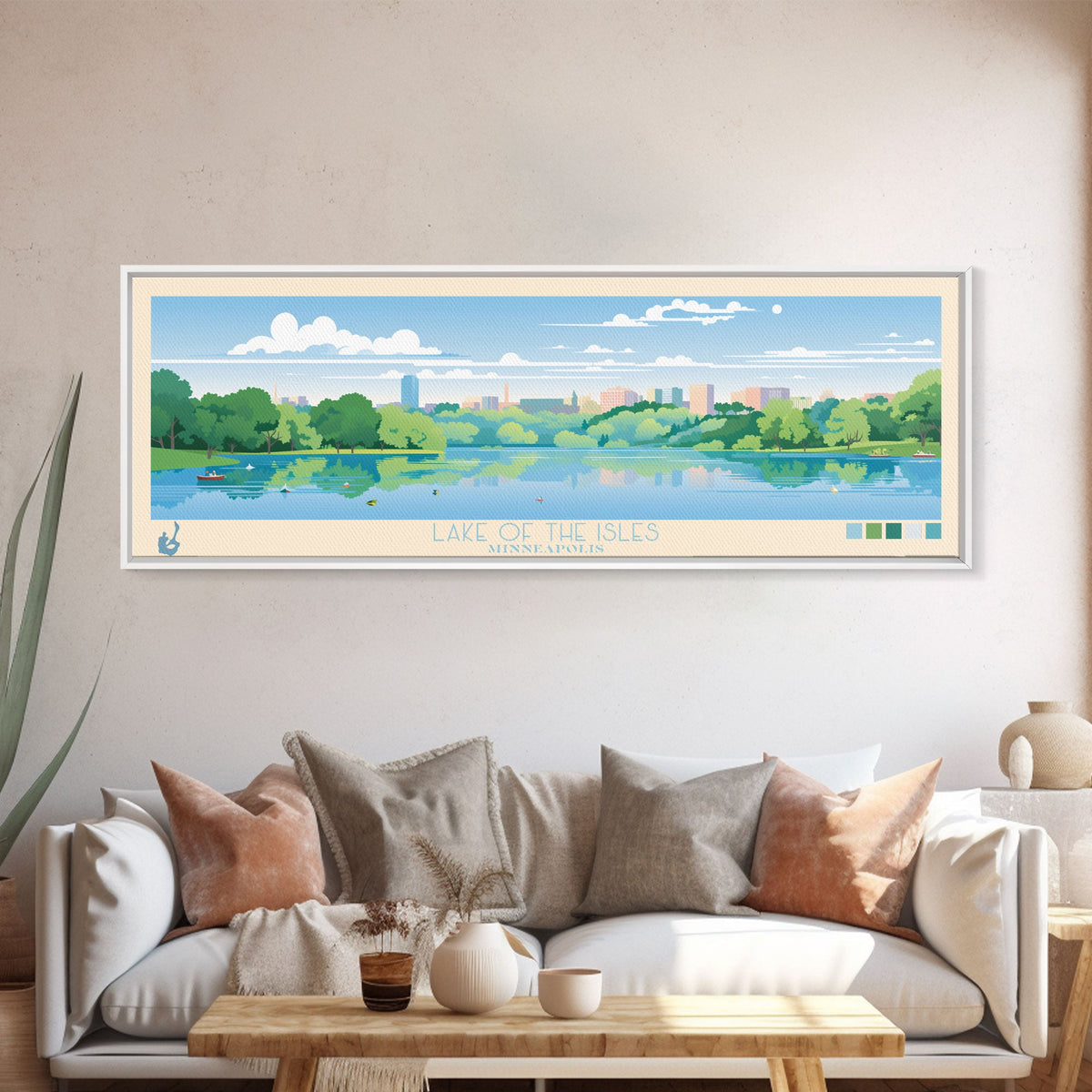 Lake of the Isles Minneapolis Framed Canvas Print, Panoramic Wall Art, Midcentury Modern, Pop Art, Living Room Decor, Travel Poster, Lake House Art