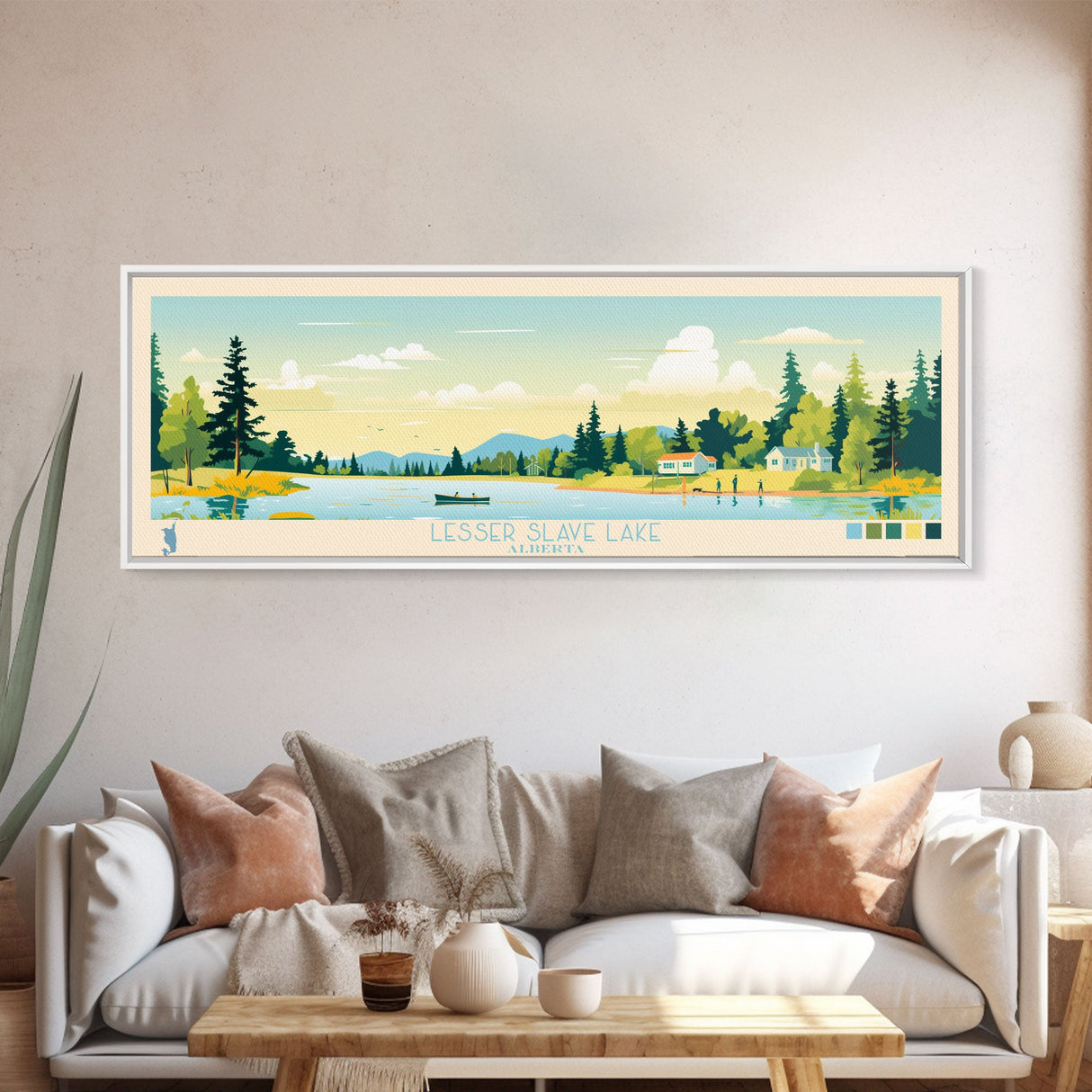 Lenore Lake, Saskatchewan Panoramic Wall Art Framed Canvas Print, Midcentury Modern, Pop Art, Home Decor, Travel Poster, Living Room Art