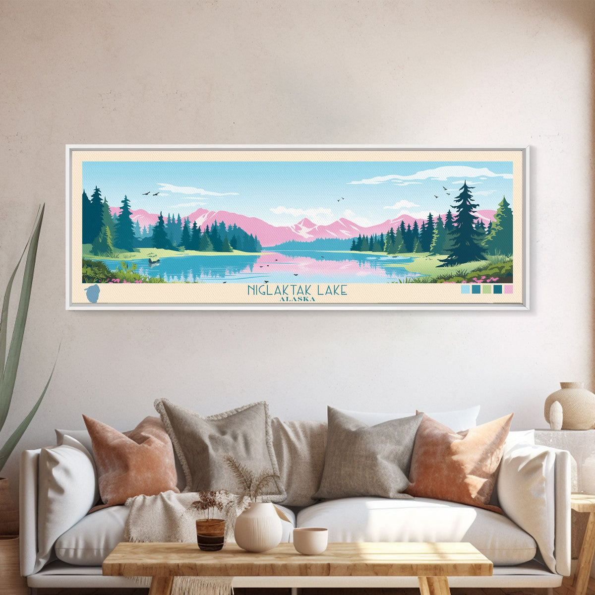 Niglaktak Lake, Alaska Framed Canvas Print, Panoramic Wall Art, Midcentury Modern, Pop Art, Home Decor, Travel Poster, Bedroom Art