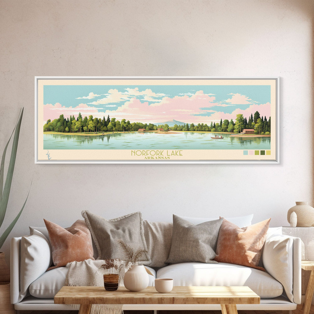 Norfork Lake, Arkansas Framed Canvas Print, Panoramic Wall Art, Midcentury Modern, Pop Art, Home Decor, Travel Poster, Bedroom Art