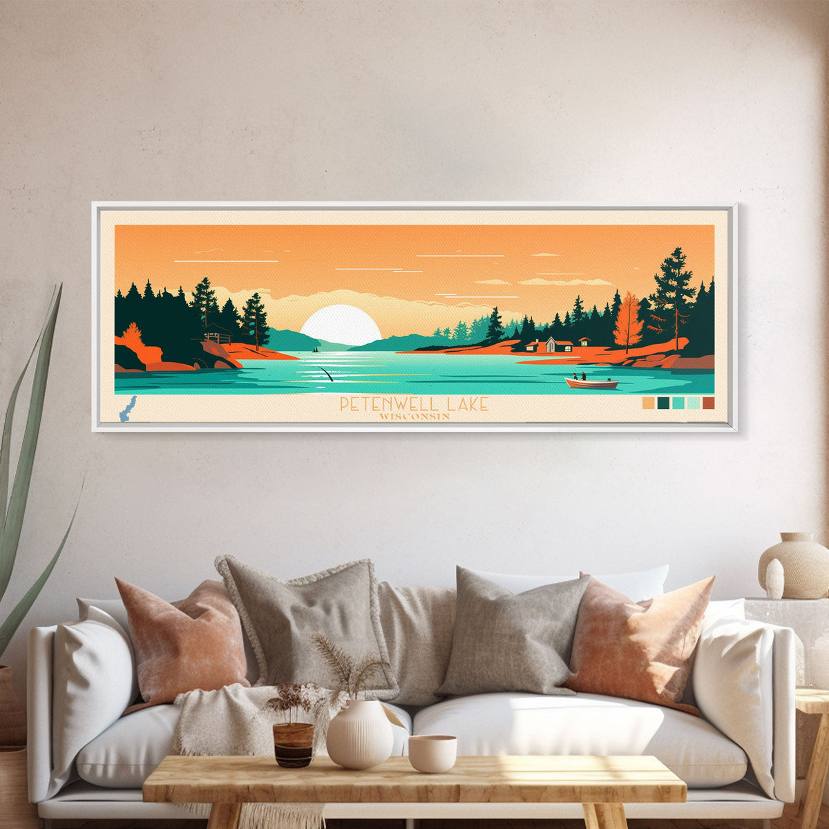 Petenwell Lake, Wisconsin Framed Canvas Print, Panoramic Wall Art, Midcentury Modern, Pop Art, Home Decor, Travel Poster, Bedroom Art