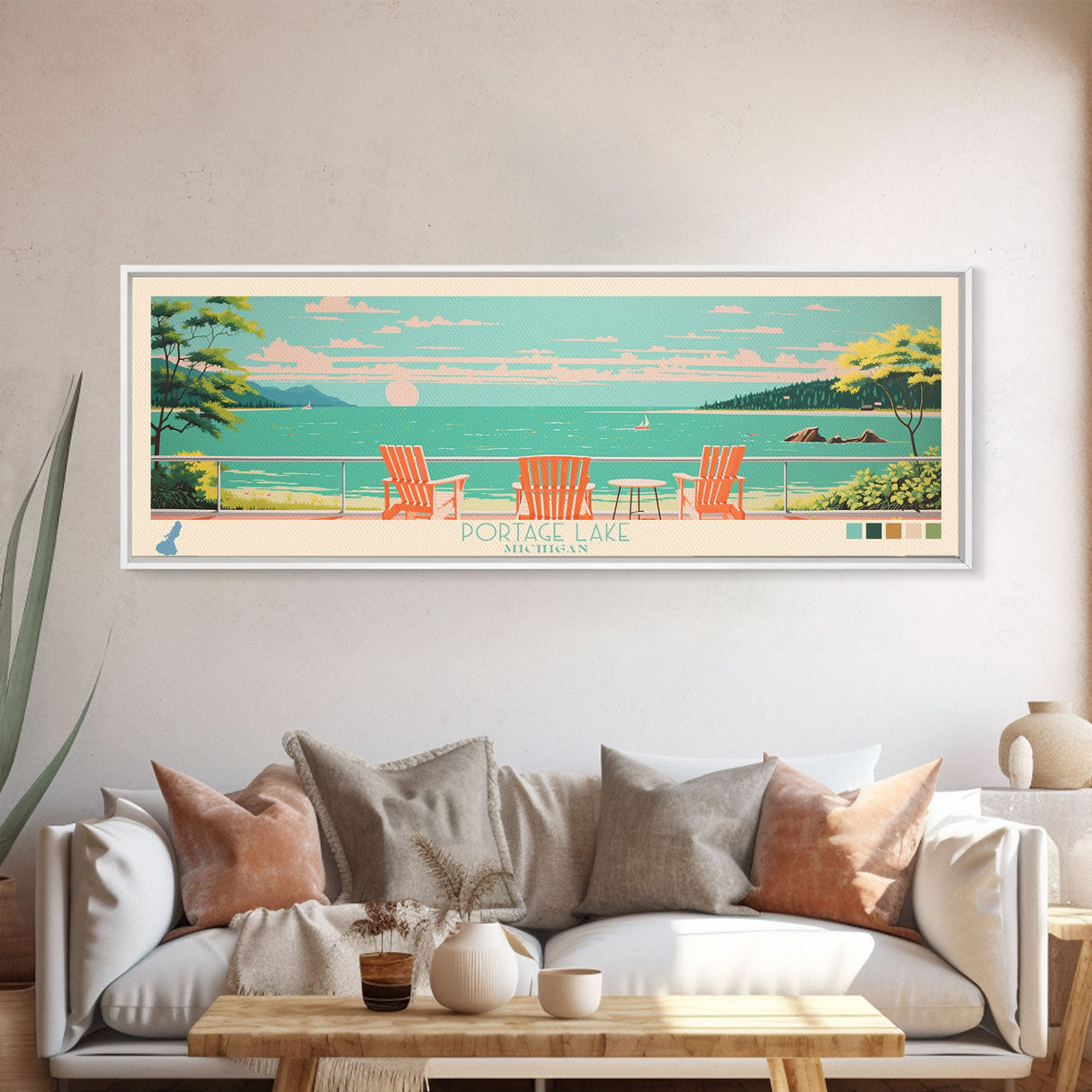 Portage Lake, Michigan Framed Canvas Print, Bedroom Art, Midcentury Modern, Pop Art, Panoramic Wall Art, Travel Poster