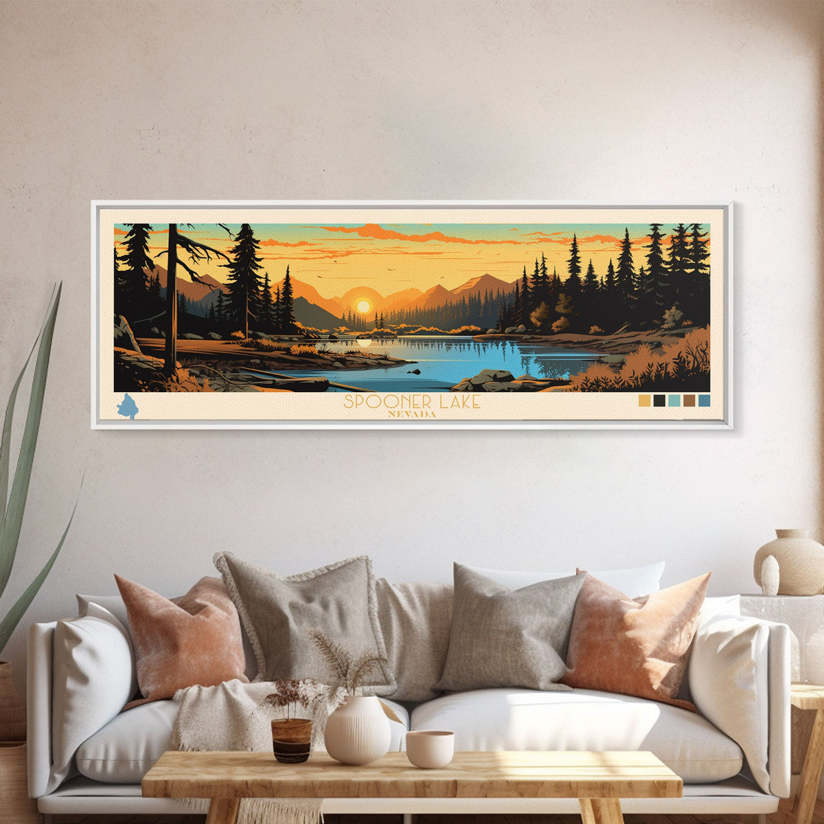 Spooner Lake, Nevada Framed Canvas Print, Lake House Decor, Midcentury Modern Art, Pop Art, Travel Poster, Bedroom Wall Art