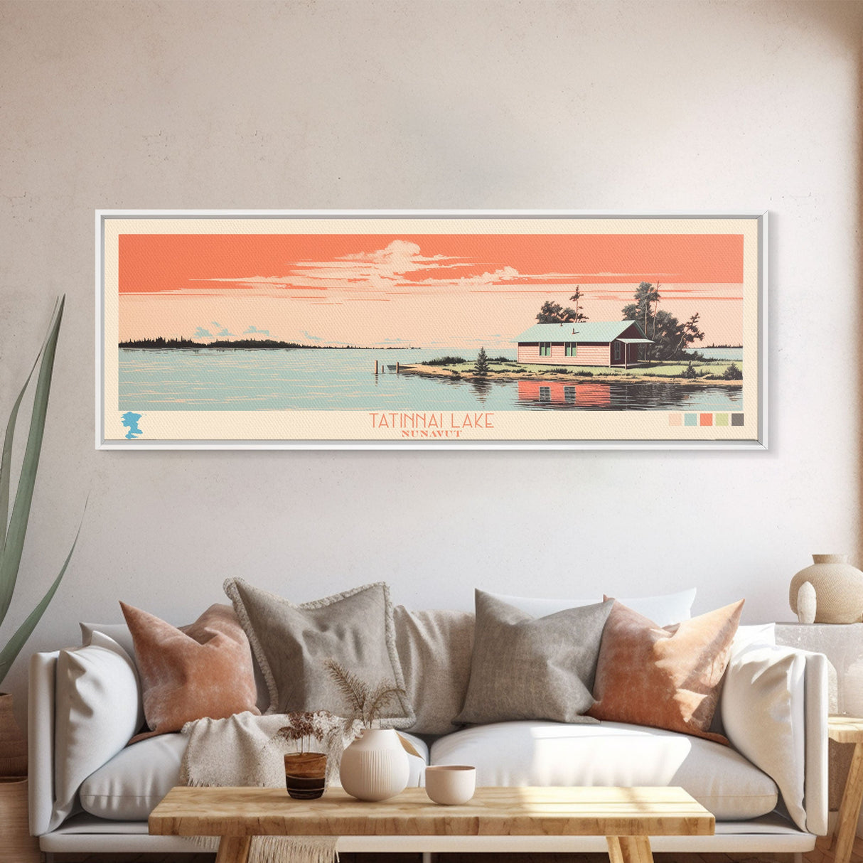 Tatinnai Lake, Nunavut Framed Canvas Print, Lake House Decor, Midcentury Modern Art, Pop Art, Travel Poster, Living Room Wall Art