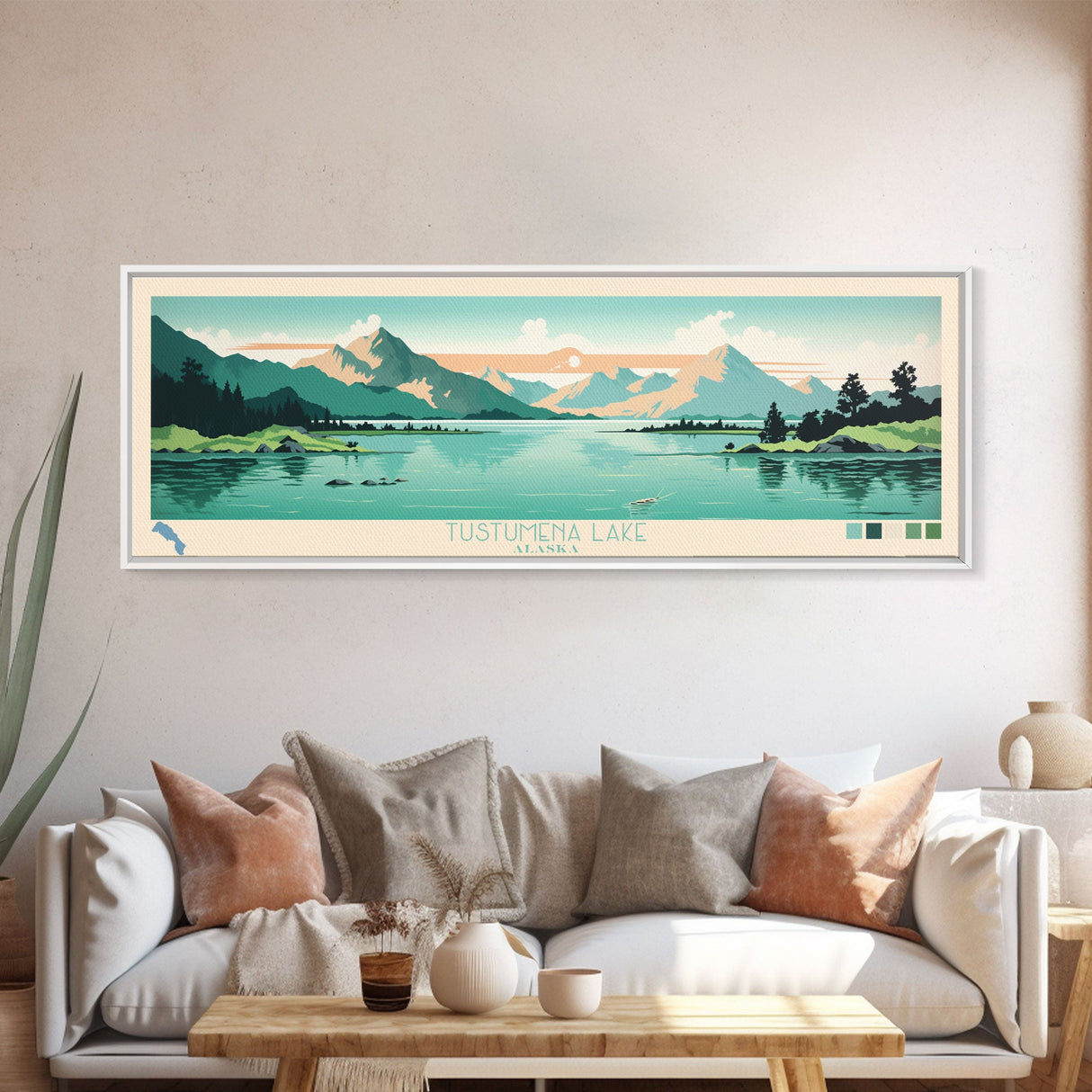 Tustumena Lake, Alaska Framed Canvas Print, Lake House Decor, Midcentury Modern Art, Pop Art, Travel Poster, Living Room Wall Art