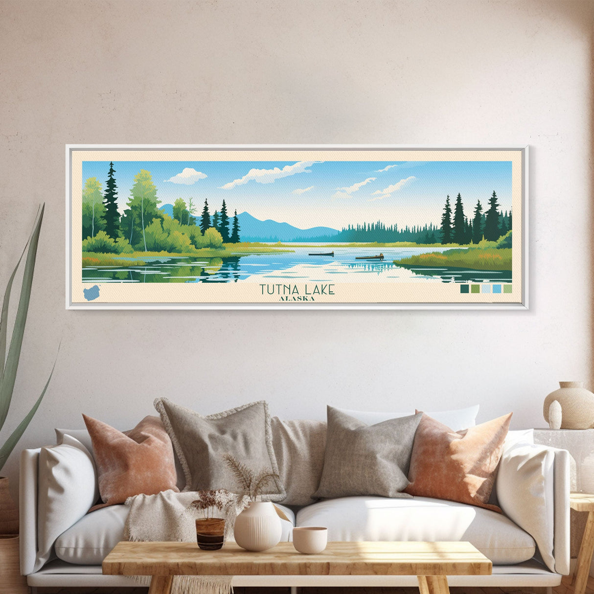 Tutna Lake, Alaska Framed Canvas Print, Lake House Art, Midcentury Modern Decor, Pop Art, Travel Poster, Bedroom Wall Art