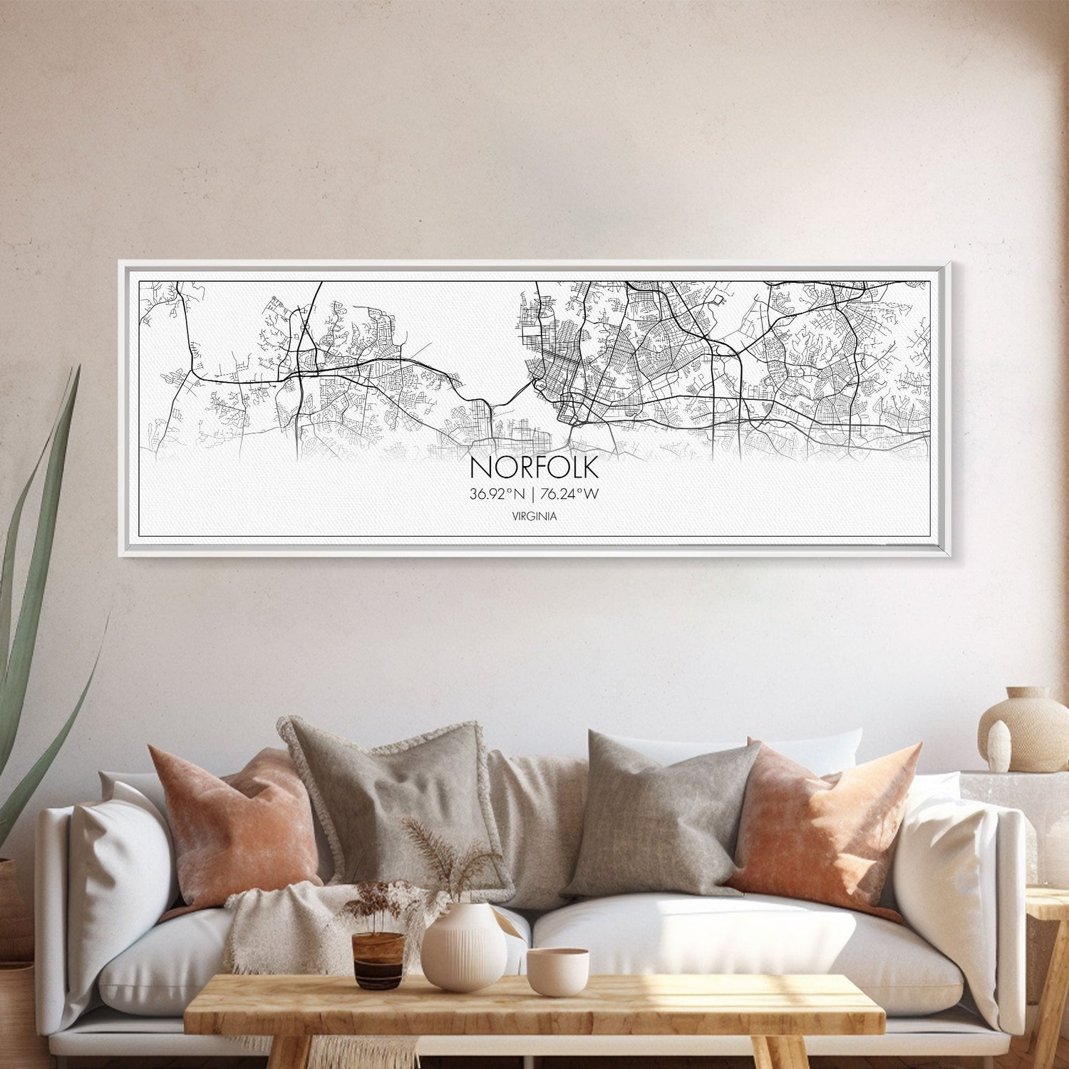 Panoramic Norfolk City Map, Virginia Art, Map Print, Minimalist Wall Art, Canvas Art, Housewarming Gift, Street Map Art, Closing Gift