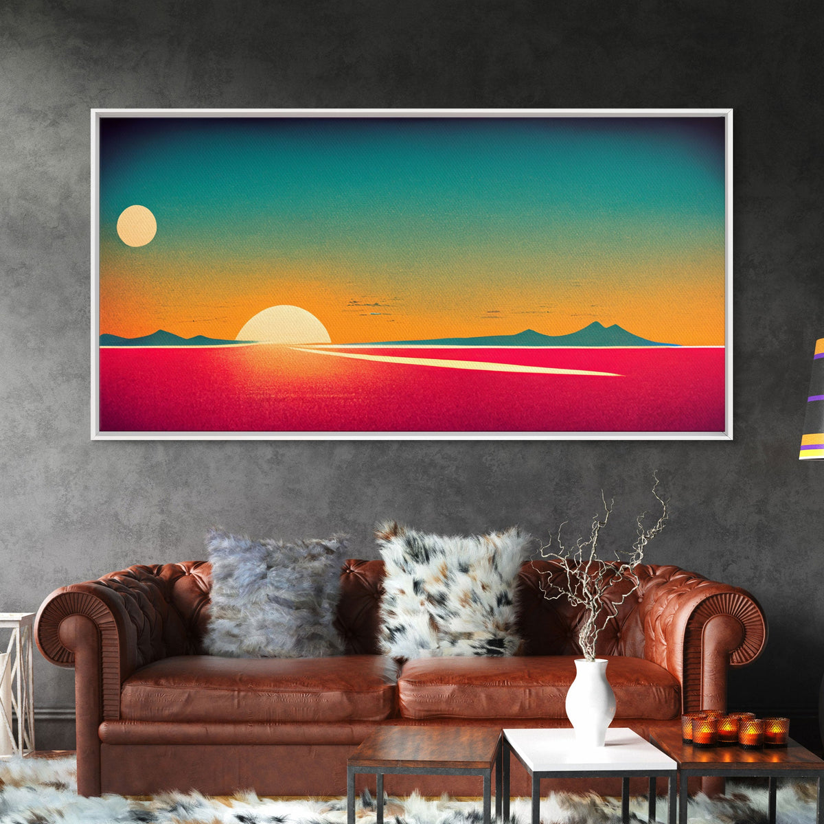 Art Deco Wall Decor, Wall Art, Framed Canvas Print, Retro Style Sunset Art, Scifi Wall Decor, 2 Suns