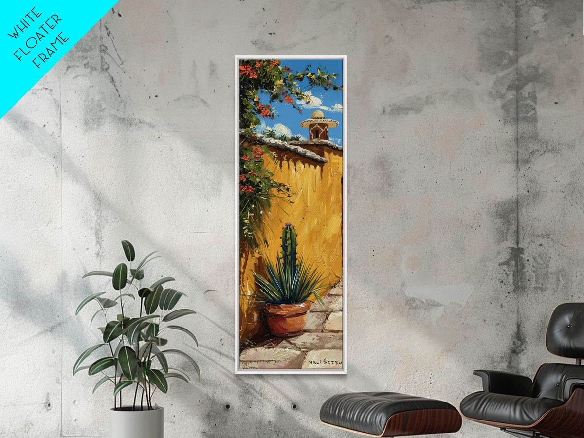 Mexican Inspired Impasto Canvas Painting Framed, Southwestern Wall Art, Tall and Narrow Wall Art, Framed Canvas Art for Living Room