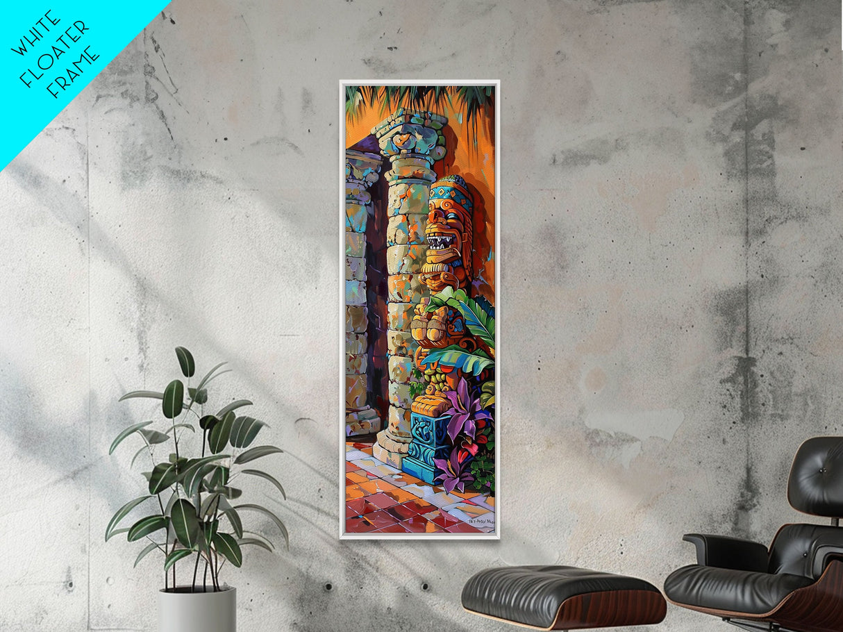 Colorful Tiki Wall Art Print Framed on Canvas, Long Narrow Wall Art for Beach House, Beach Themed Decor, Textured Canvas Painting Printed