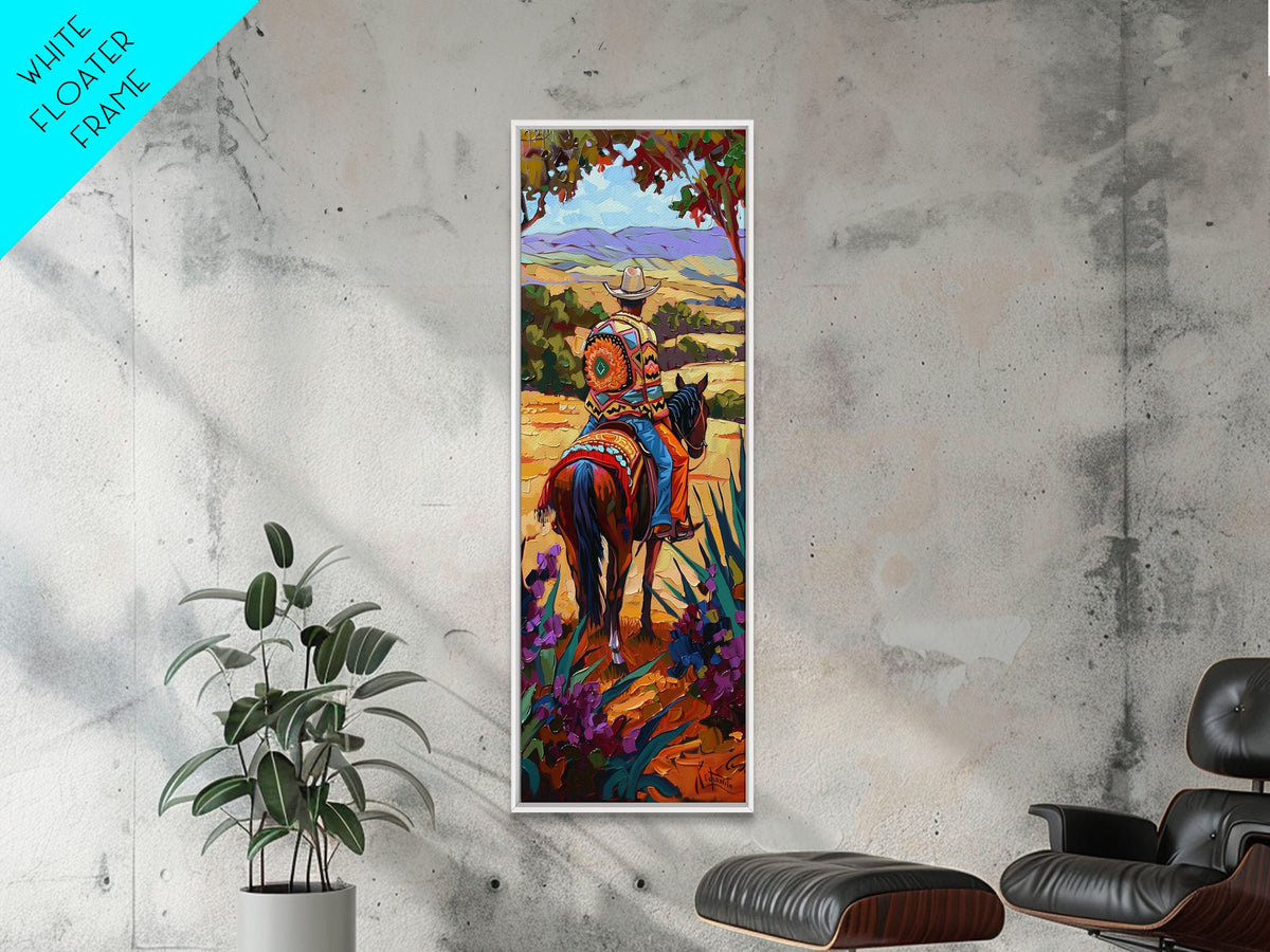 Long Narrow Wall Art Painting of Jalisco Cowboy, Southwest Wall Art Painting, Colorful Desert Canvas Painting Framed and Printed, Office Art