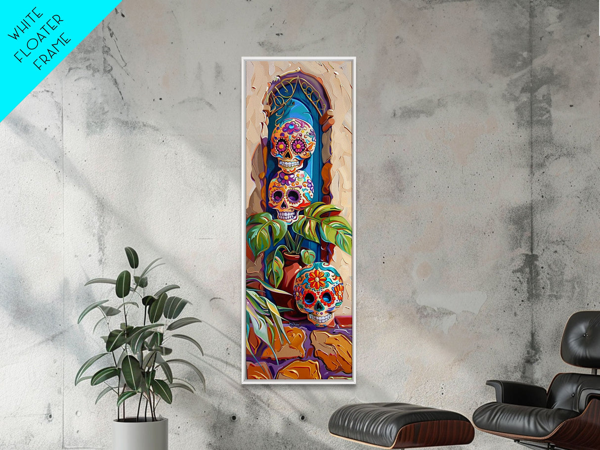 Day of The Dead Inspired Mexican Canvas Painting Framed, Long Narrow Wall Art Print, Spanish Style Home Decor, Contemporary Art Print