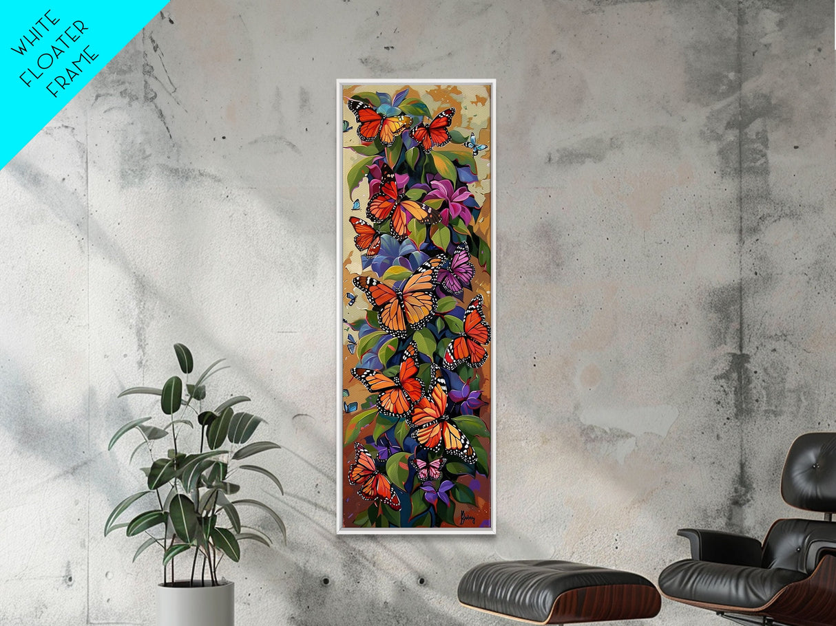 Colorful Butterfly Vertical Framed Canvas Oil Painting, Abstract Botanical Wall Art, Gouache Style Painted Art, Housewarming Gift for Her