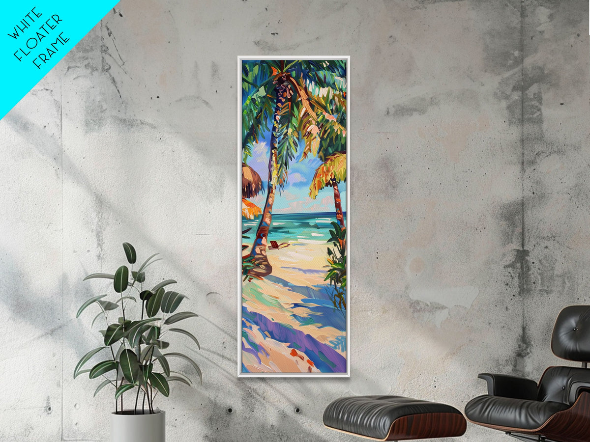 Tropical Wall Art Canvas of Ocean Landscape, Acrylic Gouache Style Canvas Art Framed and Printed, Long and Narrow Modern Abstract Art