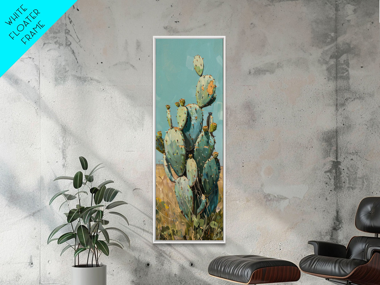 Botanical Desert Art Print of Cactus Framed on Canvas, Framed Western Art, Colorful Landscape Painting, Vertical Art for Living Room