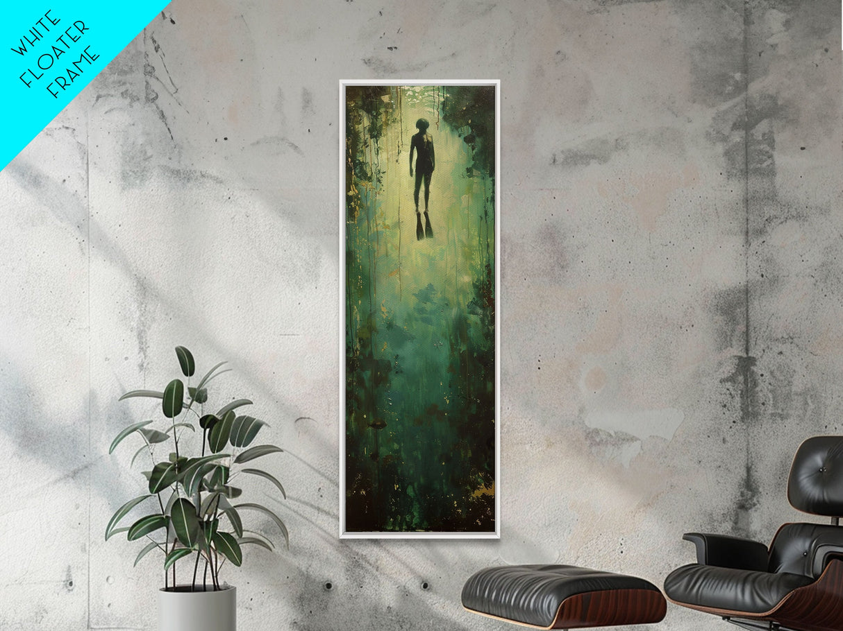 Abstract Canvas Painting of Underwater Diver, Modern Framed Wall Art, Dark Wall Art for Living Room, Tall and Narrow Wall Art Print