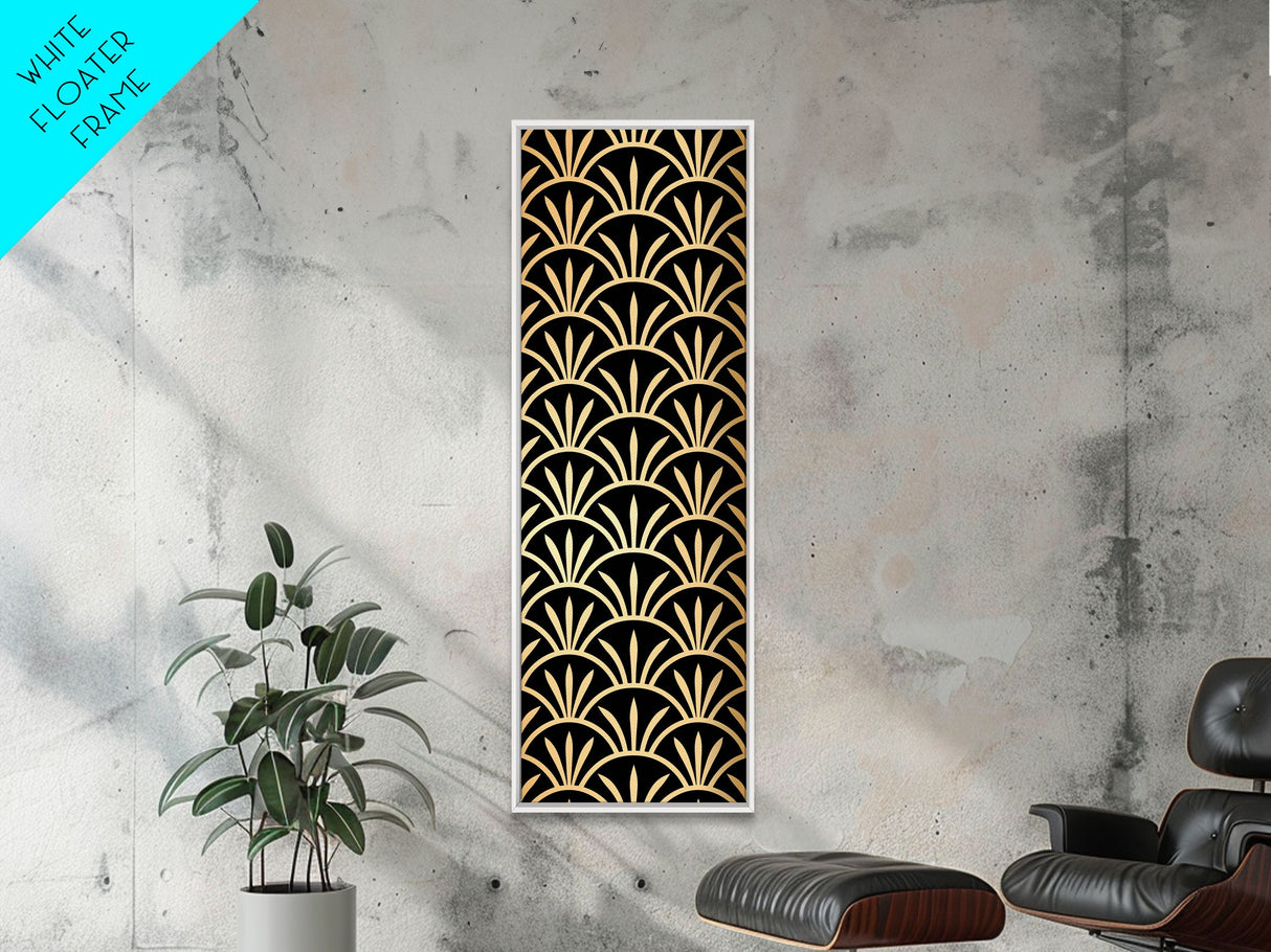 Retro Flower Motif in Orange and Green Tones - Framed Canvas Print, Midcentury Modern Art, Skinny Art, Tall Art, Living Room Wall Decor, Boho Art