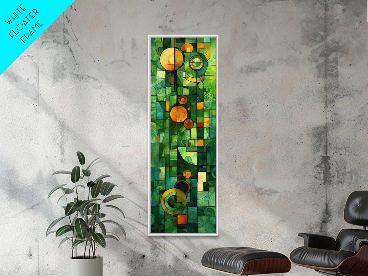 Geometric Abstract Art in Green and Yellow Tones - Framed Canvas Print, Midcentury Modern Art, Skinny Art, Tall Art, Living Room Wall Decor, Boho Art