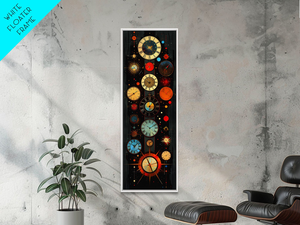 Interdimensional Wall Art, Retro Art Deco Clocks, Framed Canvas Print, Surrealist Decor