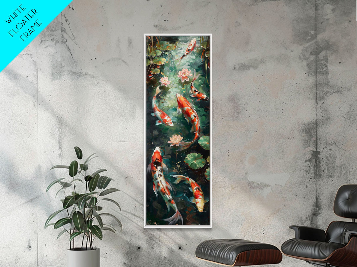 Mystic Forest Pond Koi Fish Boho Farmhouse Wall Art Framed Canvas Print Tall Art Japanese Style Art