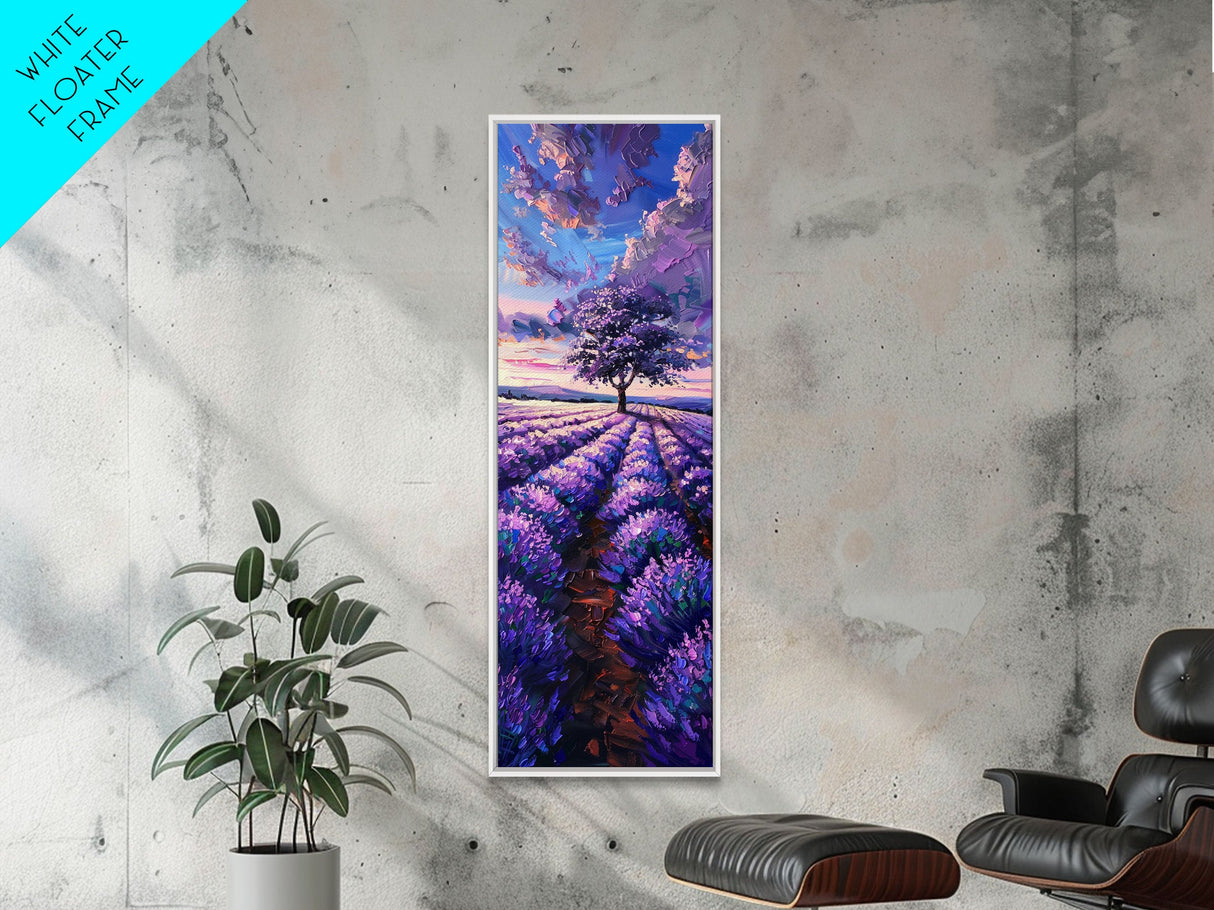 Majestic Lavender Tree in a Flower Field, Skinny and Tall Art, Serene Framed Canvas Print, Peaceful Home Decor