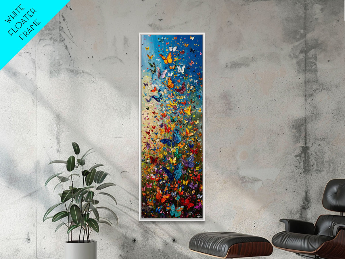 Burst of Colorful Butterflies in a Floral Meadow, Skinny and Tall Art, Energetic Framed Canvas Print, Vibrant Wall Art