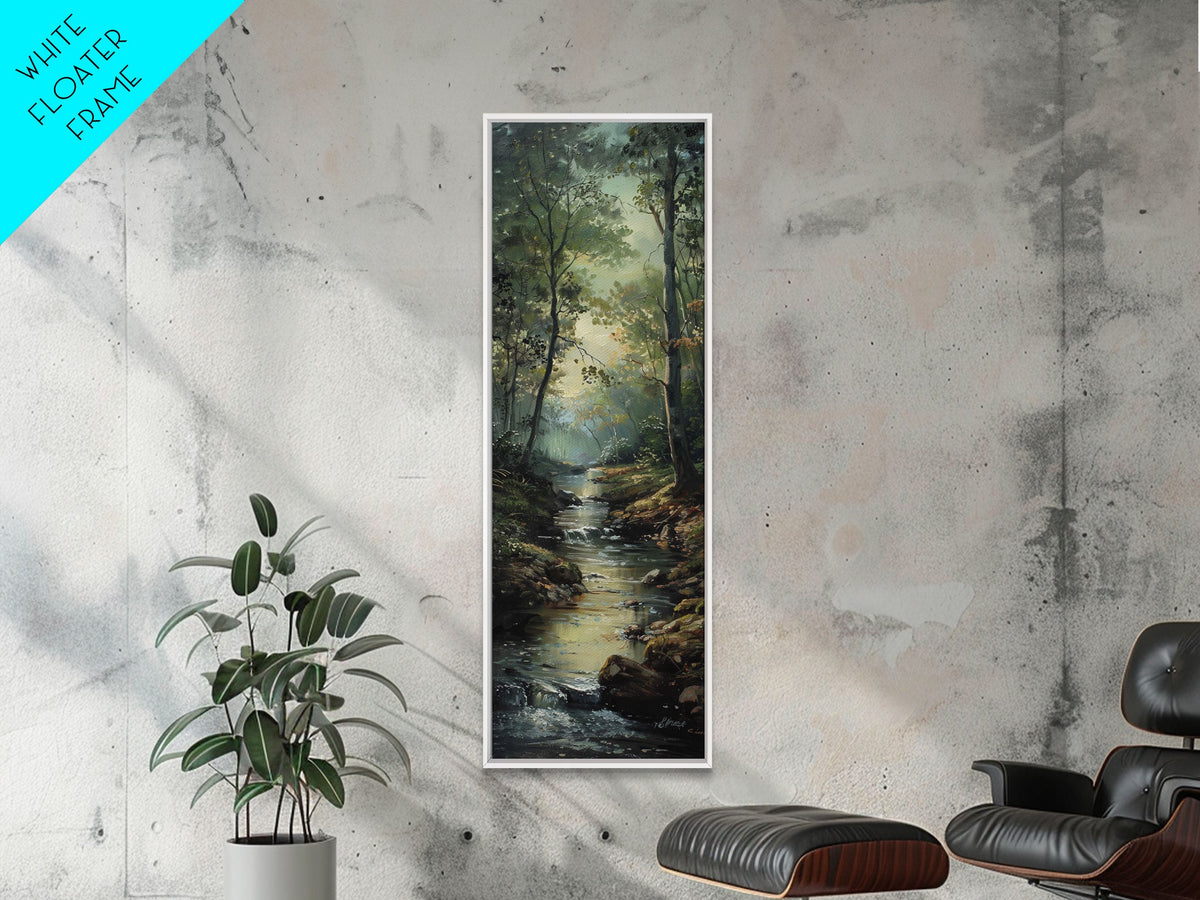 Peaceful Forest Stream in the Early Morning Light, Skinny and Tall Art, Framed Canvas Print, Cozy Wall Art Decor