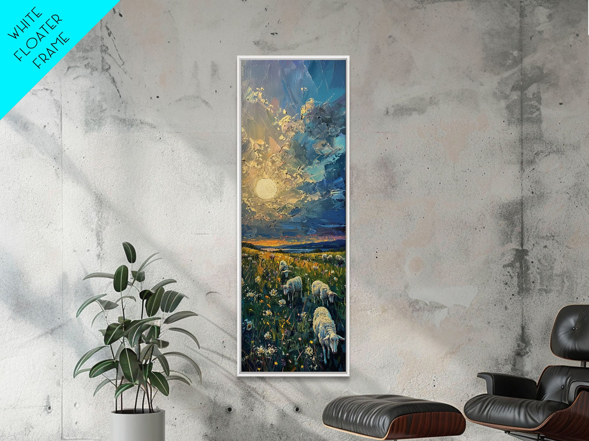 Lambs At Sunset Farmhouse Decor, Framed Canvas Print, Unique Wall Art, Skinny Art, Tall Wall Art, Art For Small Spaces