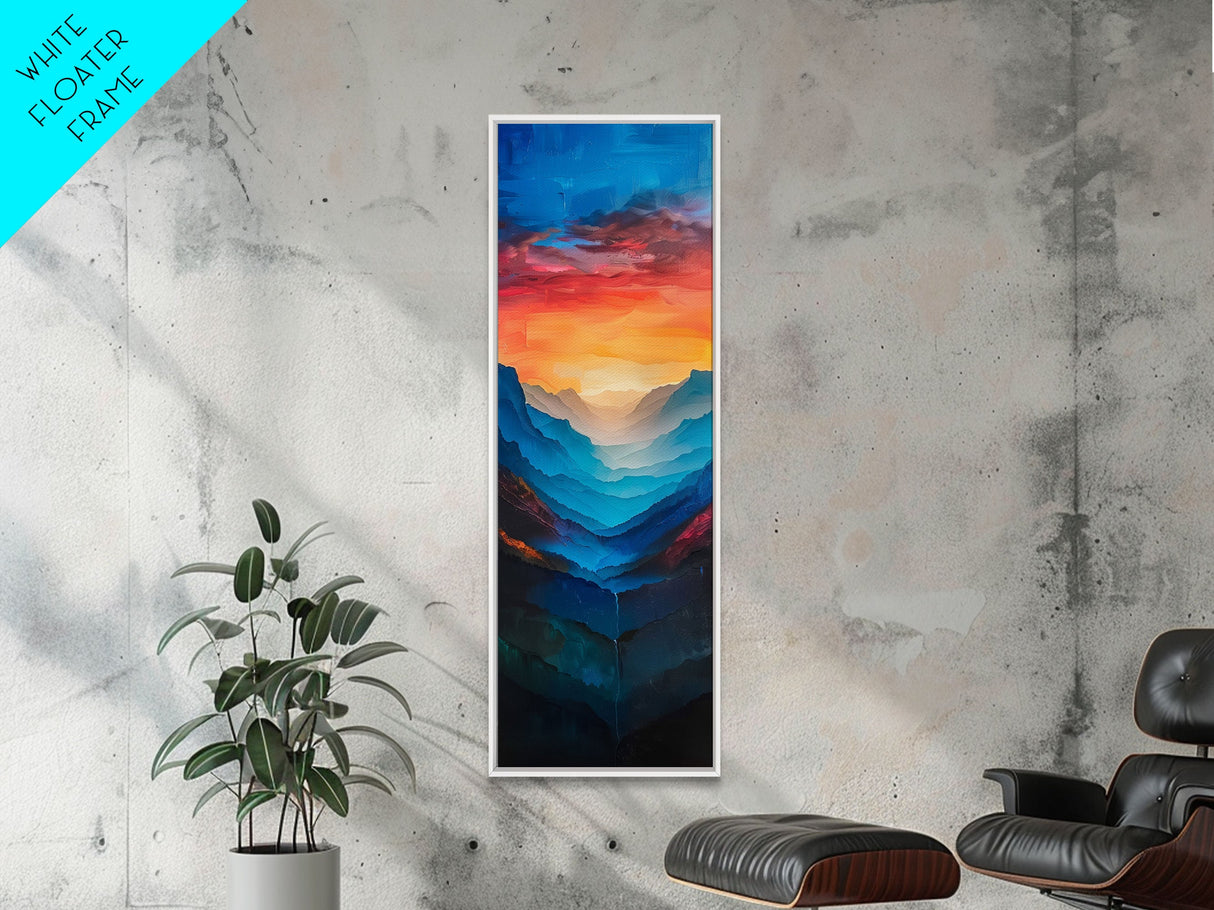Sunset Over The Mountain Valley Framed Canvas Print - Colorful Wall Art - Midcentury Modern Style Art - Modern Decor - Abstract Landscape Painting - Tall Art