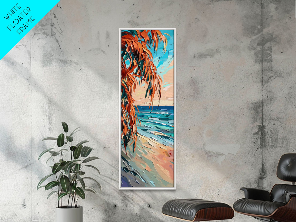 Expressive Coastal Shoreline Landscape in Blue and Orange, Abstract Painting on Framed Canvas Print, Perfect for Beach-Themed Wall Art