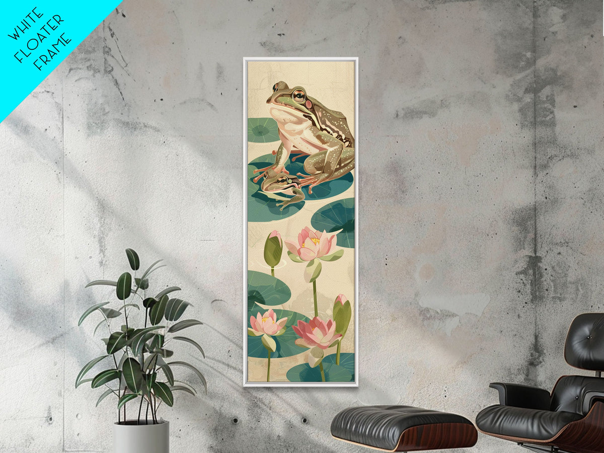 Frogs On Lily Pads Canvas In Japanese Ukiyo-e Style, Traditional Woodblock Print, Framed Canvas Print, Tall Skinny Japanese Wall Art, Ready To Hang