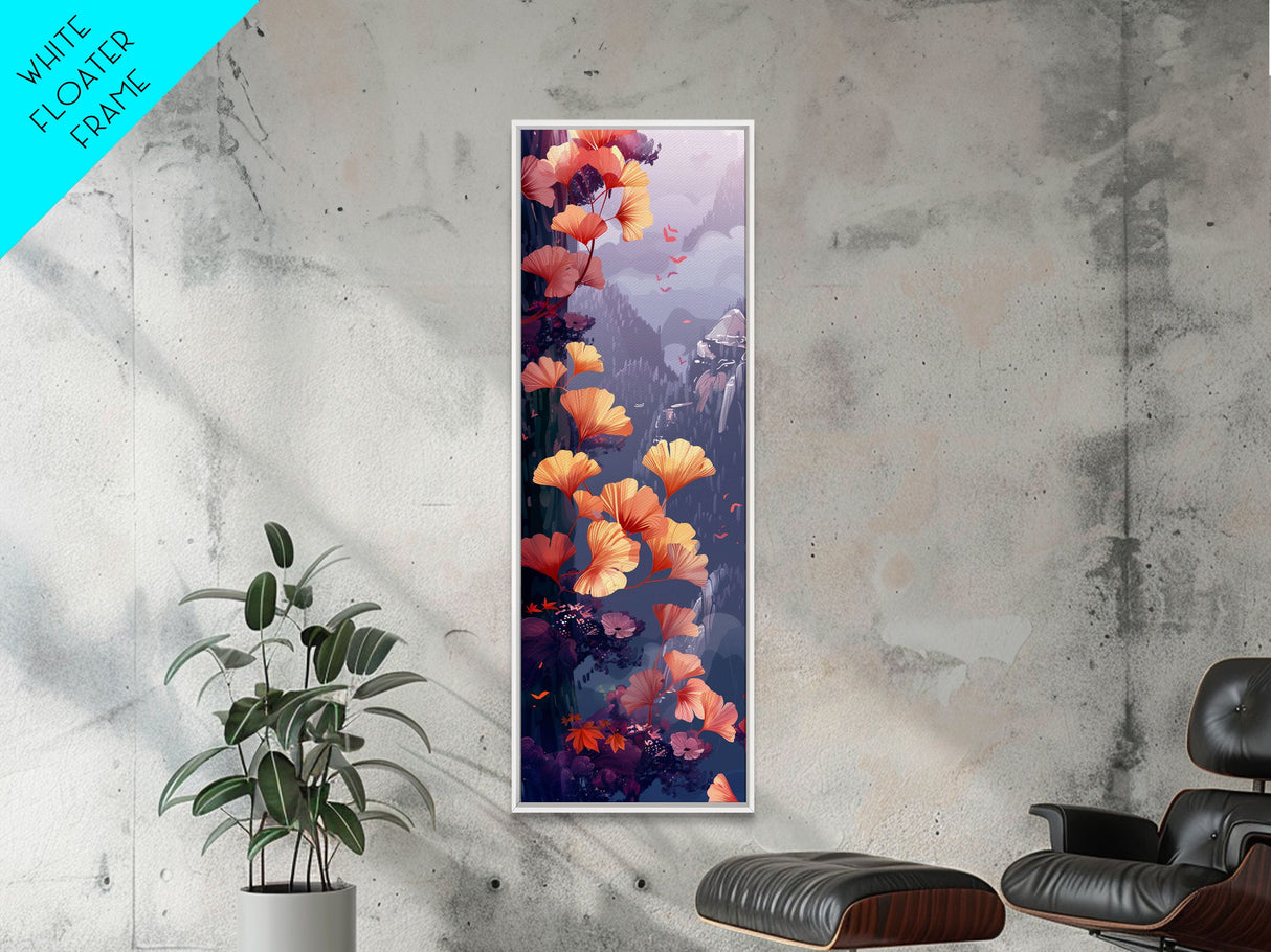 Ethereal Autumn Ginkgo Leaves Skinny Art Tall Art Japanese Ukiyo-e Inspired Botanical Framed Canvas Print