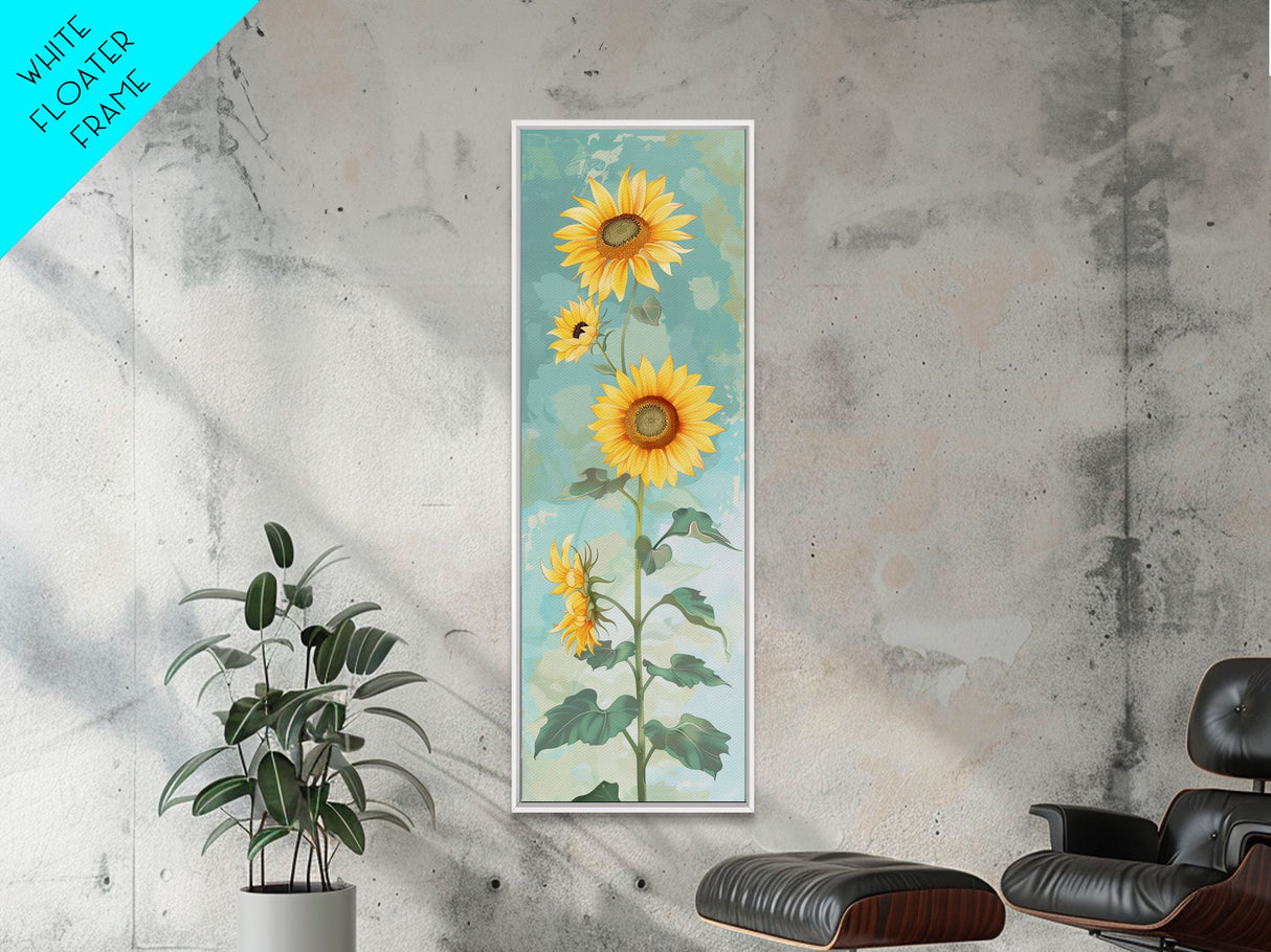 Japanese Skinny Art of Sunflowers with Golden Petals and Verdant Stems on a Pastel Blue Background – Framed Canvas Print