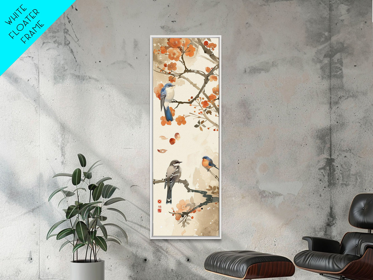 Japanese Art Inspired by Tranquil Birds and Blossoms, Framed Canvas Print for Tall Skinny Art Lovers in Ukiyo-e Style