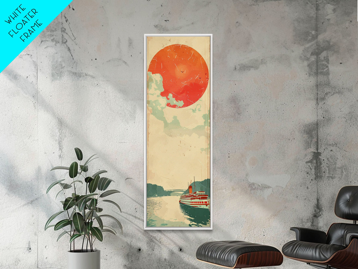 Large Red Sun Over River, Japanese Art Inspired by Ukiyo-e, Framed Canvas Print for Tall Skinny Wall Spaces