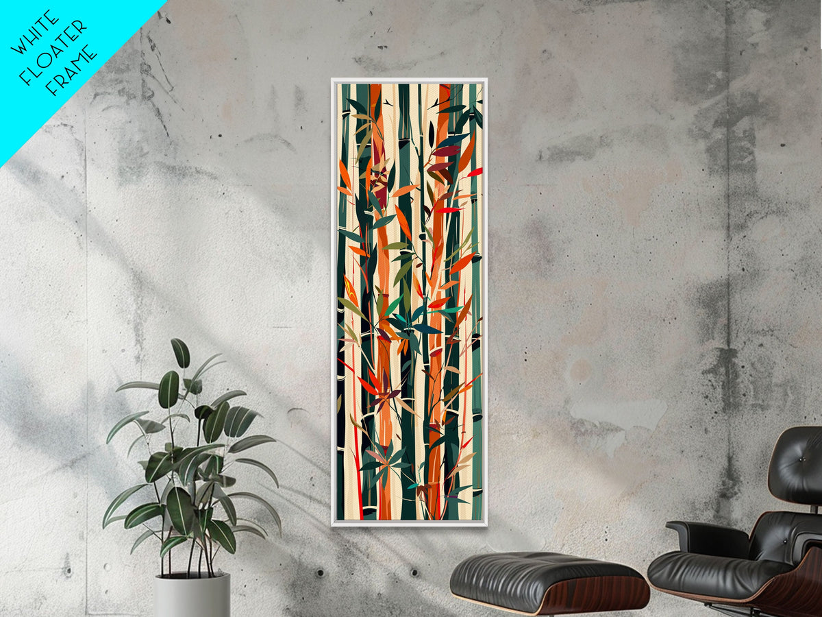 Colorful Bamboo Forest Skinny Art Ukiyo-e Tall Framed Canvas Print in Bright Autumn Hues