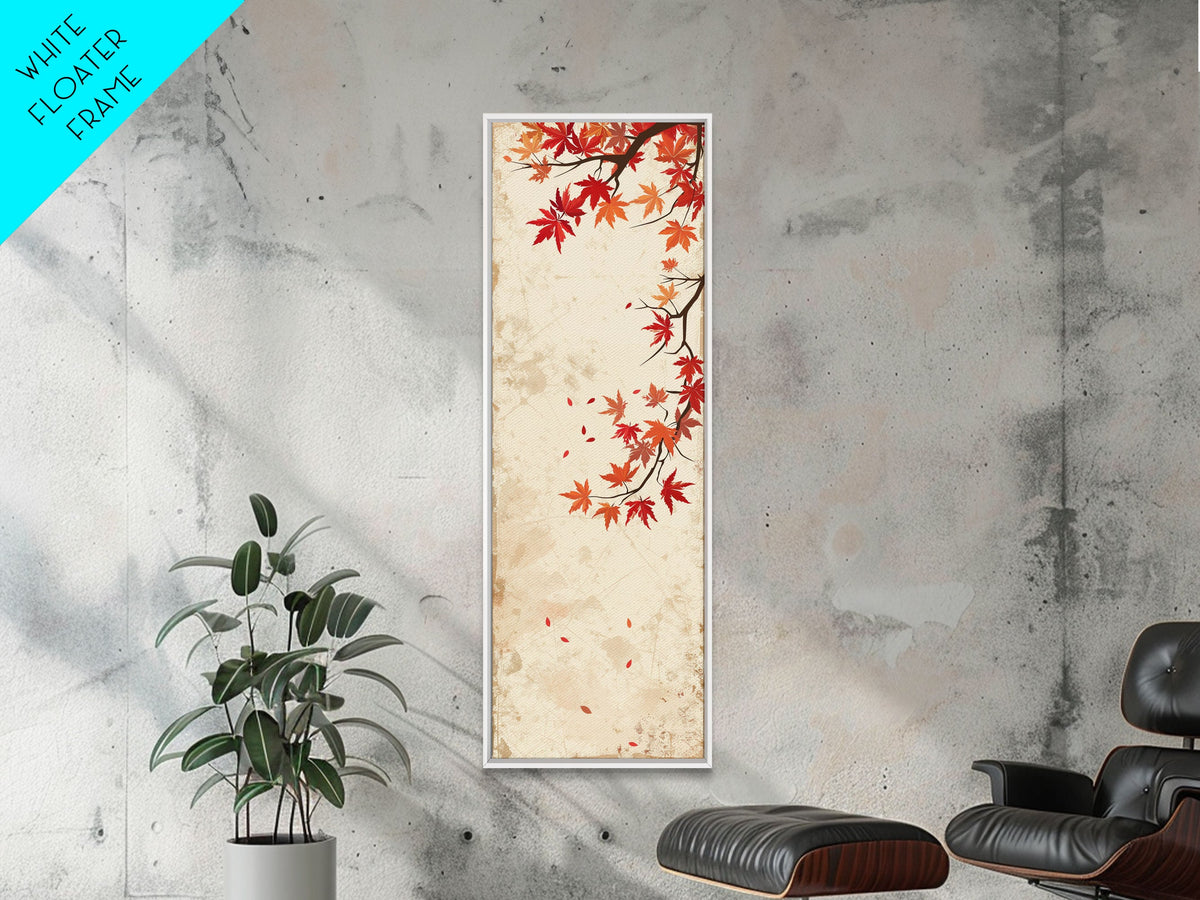 Skinny Art Maple Branch In Japanese Style Wood Block Print Autumn Leaves On Framed Canvas Print, Tall Art Ukiyo-e