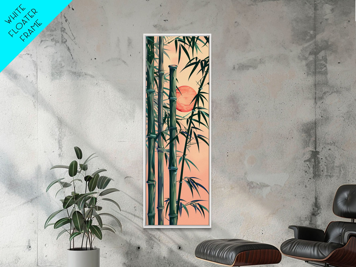 Framed Canvas Print Of Bamboo Stalks And Red Sun, Traditional Japanese Style Wall Art Ready To Hang For Asian Inspired Decor